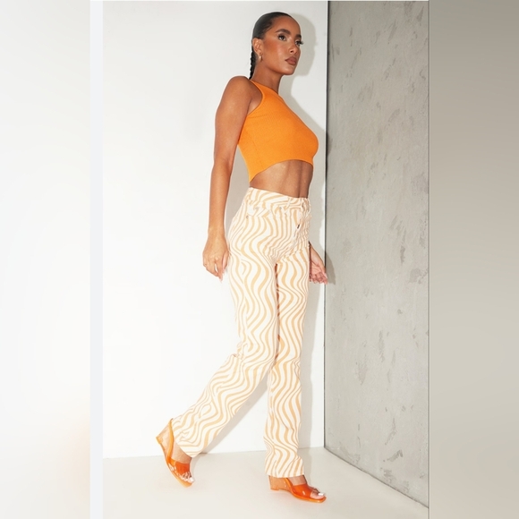 Zara Denim - Zara Women's High Rise Wide Leg Jeans Orange Sorbet Swirl Print Sz 4 Rave